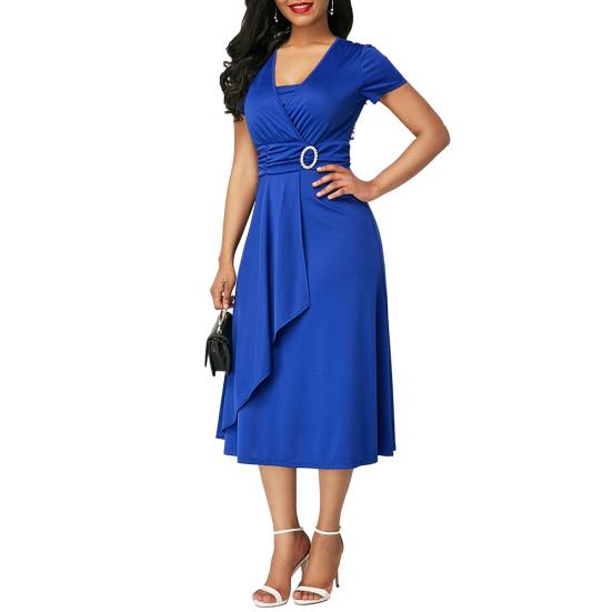 

Party Women Plus Size Solid Color Short Sleeve V Neck Asymmetric Midi Dress XXL синій