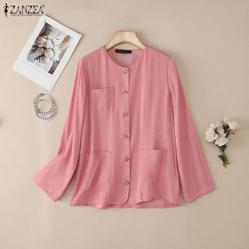 ZANZEA Women Casual Round Neck Solid Color Loose Long Sleeve Blouse