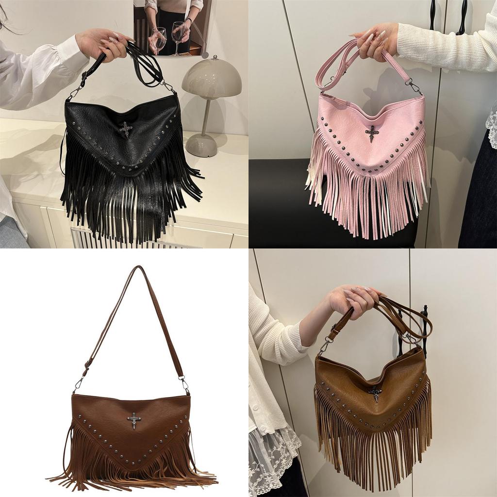 Bohemian Fringe Single Shoulder Bag With Rivets Pu Material For Casual Day Use