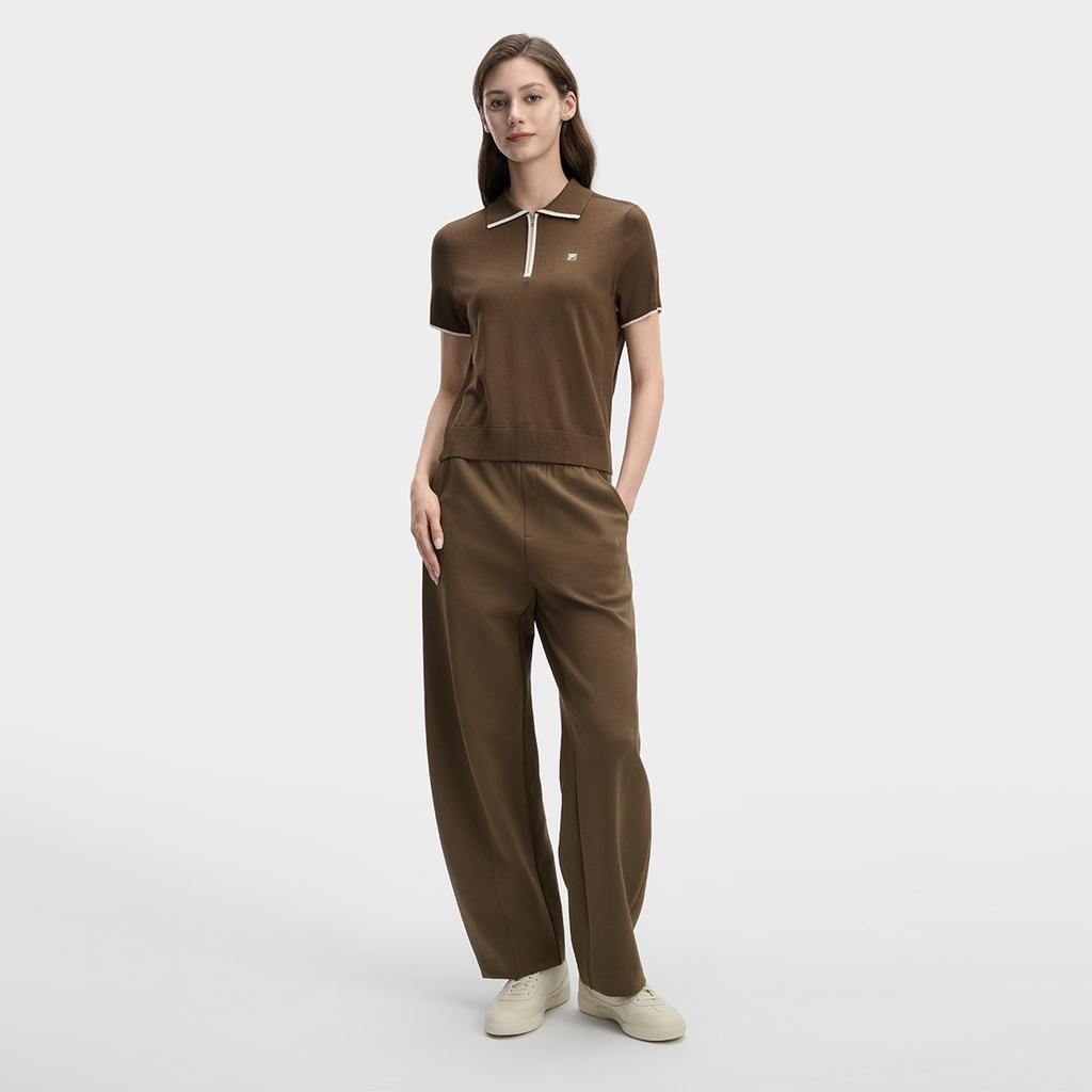 FILA White Fashion Simple Classic Retro Casual Versatile Comfortable Half-Zip Knitted Short Sleeve Sweater Women tops Valley-Brown F11W613406FBN