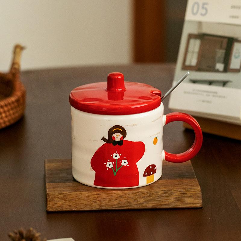 A Family Retro Ceramic Mug High Looking Household Couple Breakfast Cup with Lid Spoon Souvenir