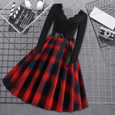 Ladies Vintage Dress V Neck Flower Edge A-line Bow Decor Big Swing Plaid Print Midi Dress Contrast Color Long Sleeve Gothic Christmas Party