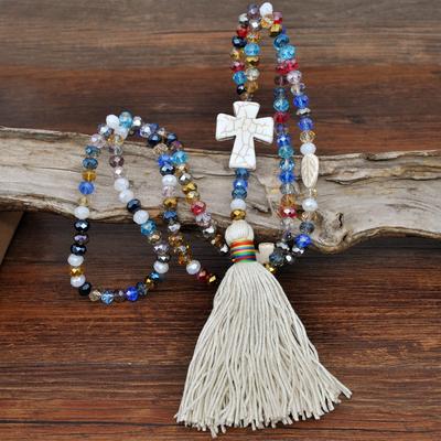 Modische Kristallperlenkette für Damen Weiß Naturstein Quaste Anhänger Boho Lange Halskette collier en cristal femmes