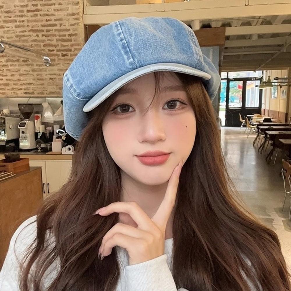 Washed Cloth Denim Octagonal Hat Head Circumference Cloud Hat Casual Denim Beret  Girl