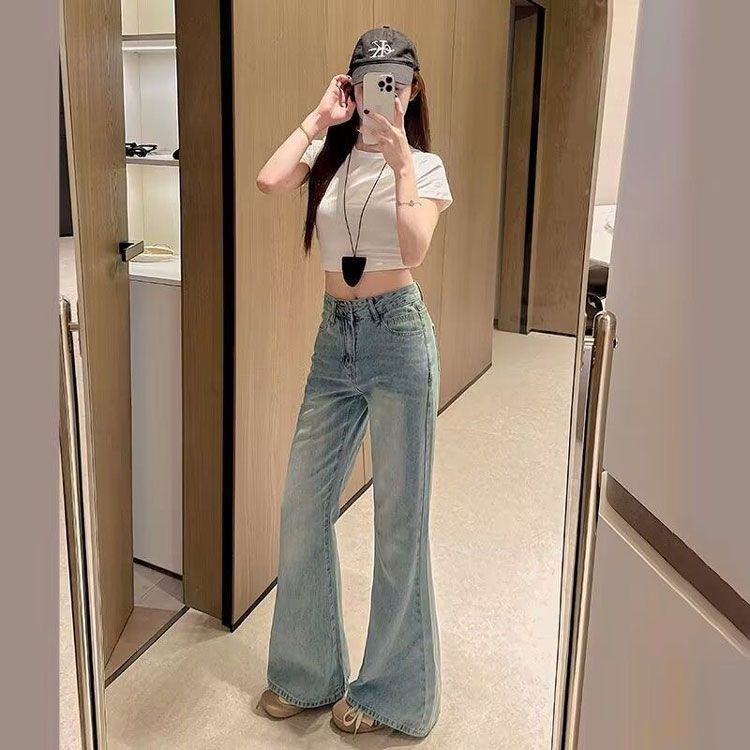 Light Blue Micro Flared Jeans Women Loose High Waisted Not Sticky Legs Large Size Skinny Horseshoe Trousers Jeans for Women Long Denim Pants
