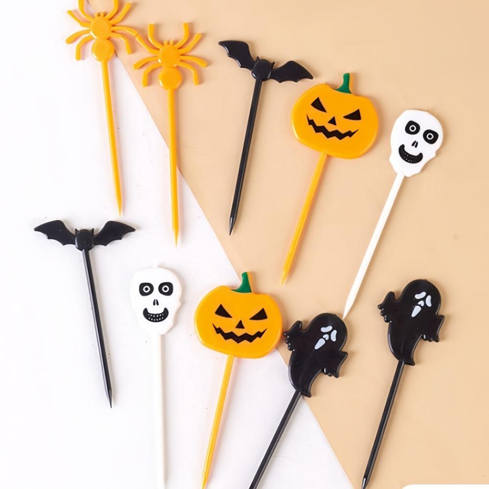 10pcs Halloween Plastic Toothpicks Cakes Fruit Skewers Fruit Forks Inserted Skewers Party Supplies Paper Cupcake Decorations