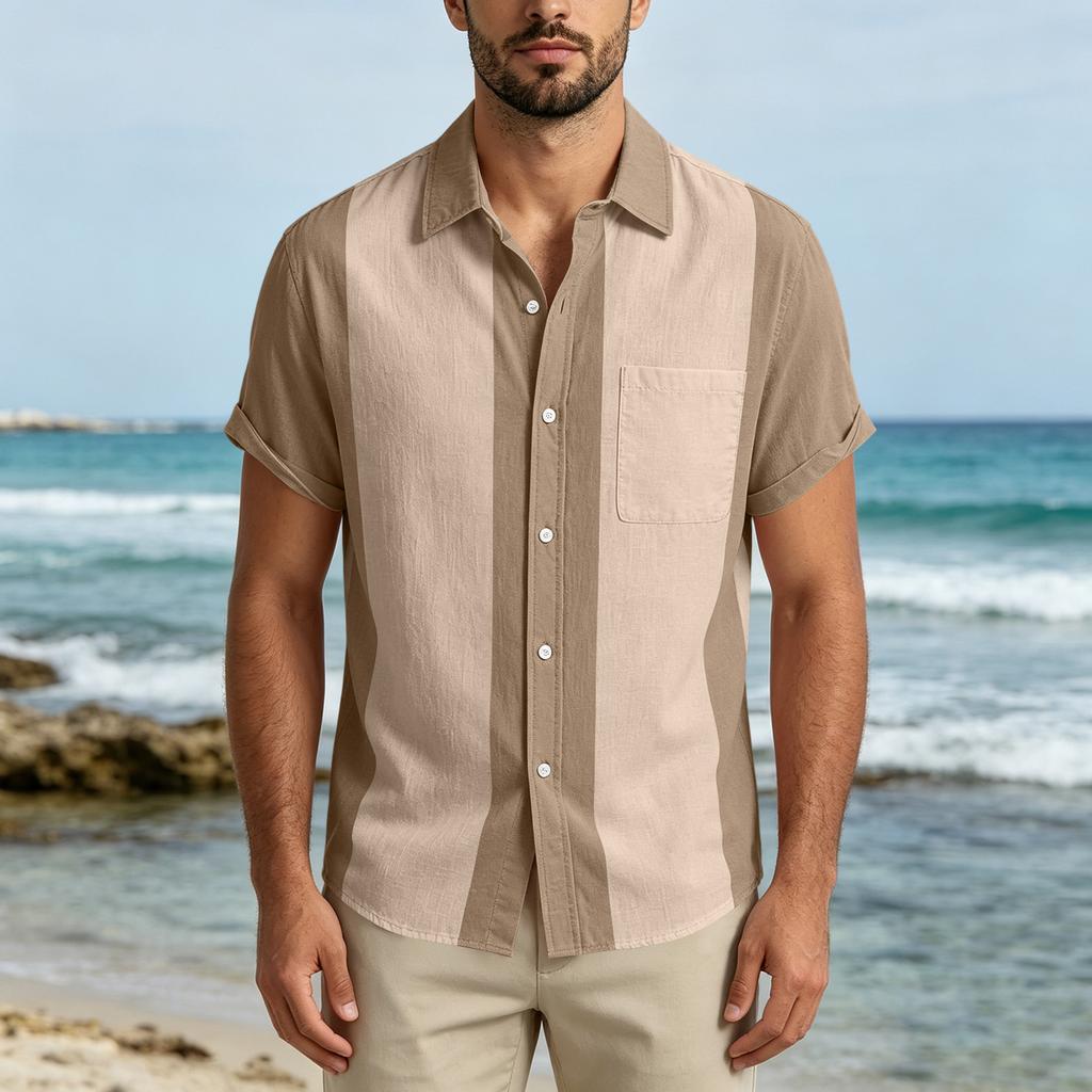 Men Short Sleeve Casual Button Down Shirt Relaxed Fit Lightweight Fabric Vertical Stripe Pattern Lapel Collar Pocket Design