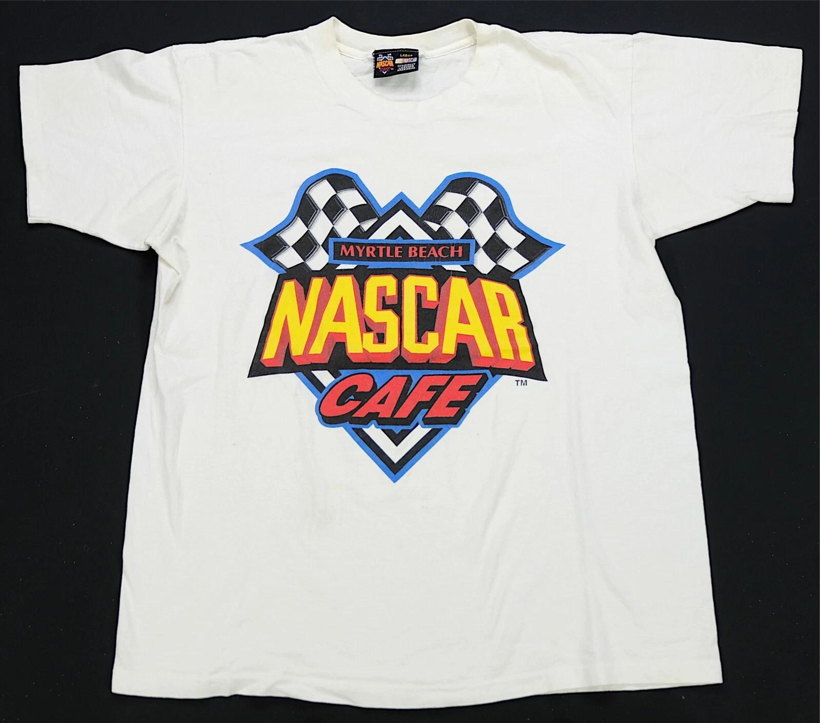Rare Vintage NASCAR Cafe Myrtle Beach Checkered Flags T Shirt 90s Racing White L S