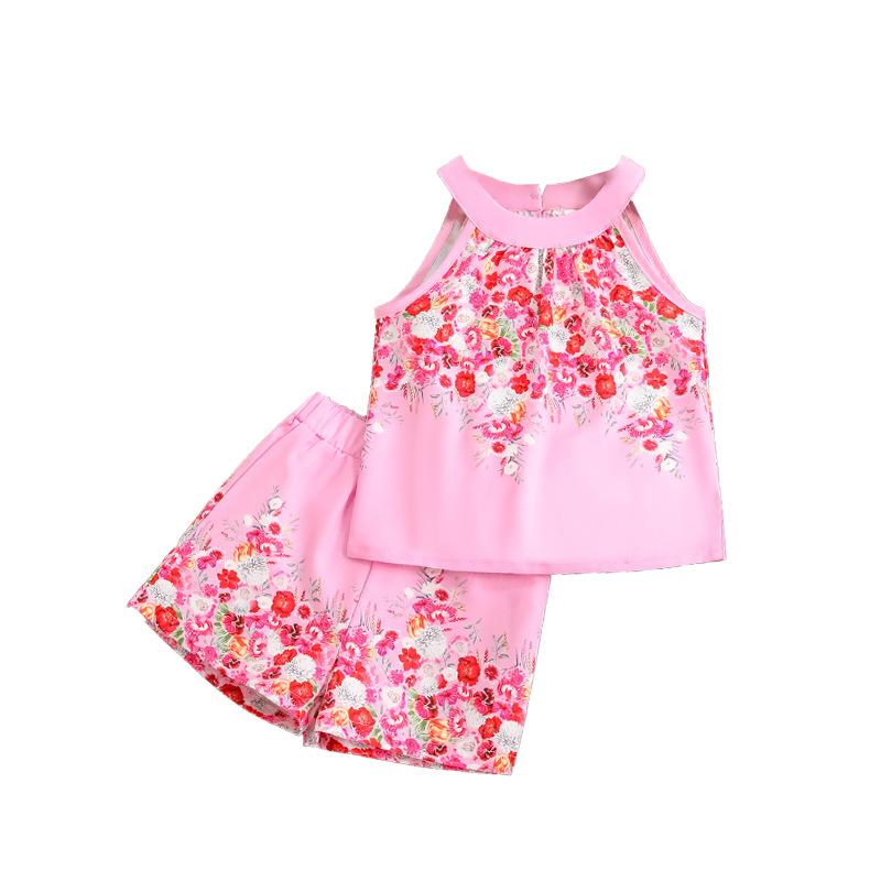 Children's Fashion Printed Halter Sleeveless Vest Casual Shorts Set,autumn Girls' Sweet  Set