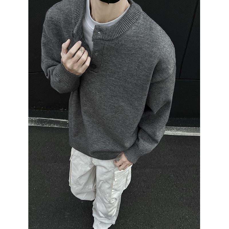 Men's High-End Retro Henley Collar Long Sleeve Knit Sweater for Autumn and Winter