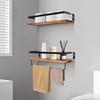 2-Tier Wall Mounted Wooden Shelves – Solid Pine with Towel Rod – Charcoal Burn Color – Rustic Home Decor