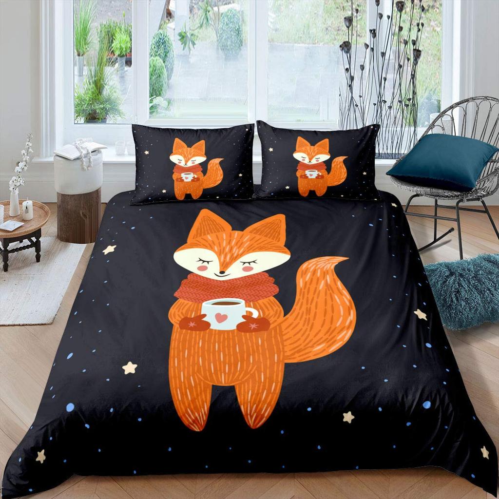Fox King Queen Duvet Cover Kawaii Cartoon Fox Family Bedding Set For Kids Cute Orange Wild Animal 2/3pcs Polyester Quilt Cover