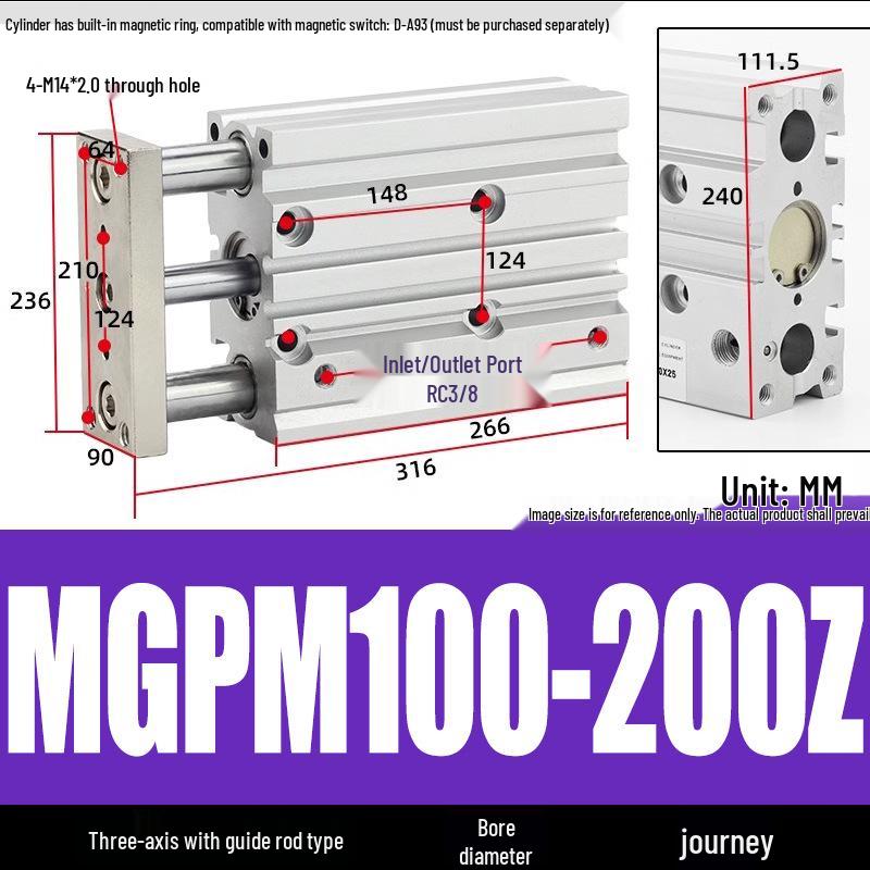 Compact Three-Axis Pneumatic Guided Rod Cylinder 12/16/20/25/32-10/20/40/50/75z