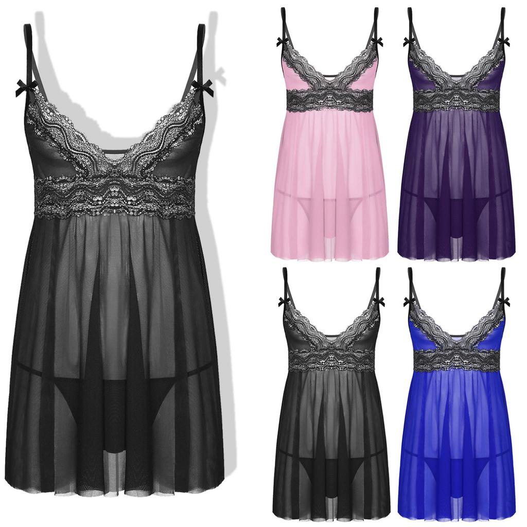 Mens Sissy Lingerie Pajamas Outfits See Through Lace Mini Dress with Thong Teddy Chemise Babydoll