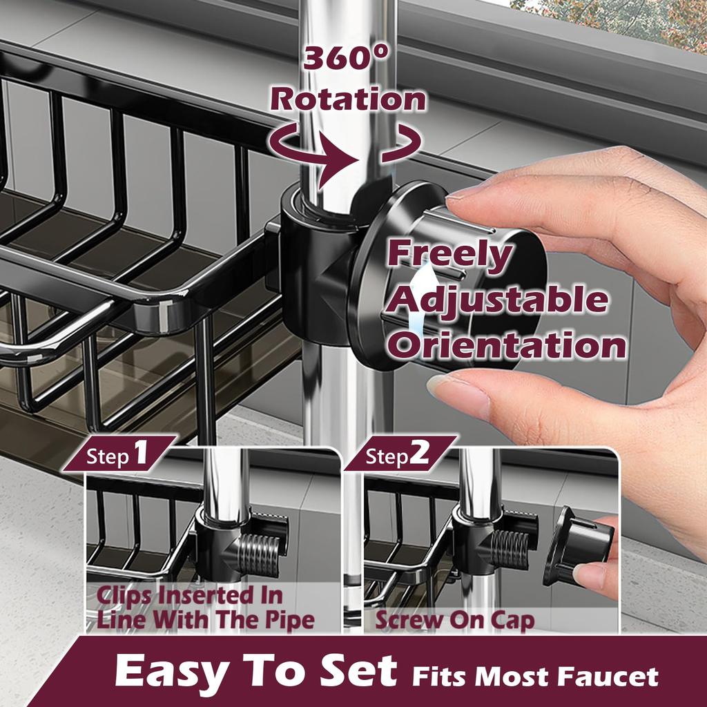 Kitchen Sink Faucet Organizer Dish Drain Rack, Rustproof Sponge Stand Adjustable Holder Sink Caddy Gadgets Storage Accessories