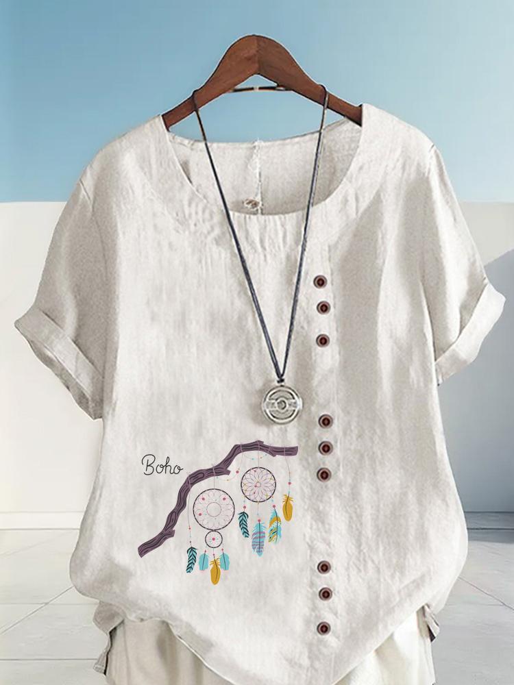 Women's Fashion Feather Pattern Print Shot Sleeve T-shirt Loose Cotton Shirt Casual Loose Summer Plus Size Blouse Tops