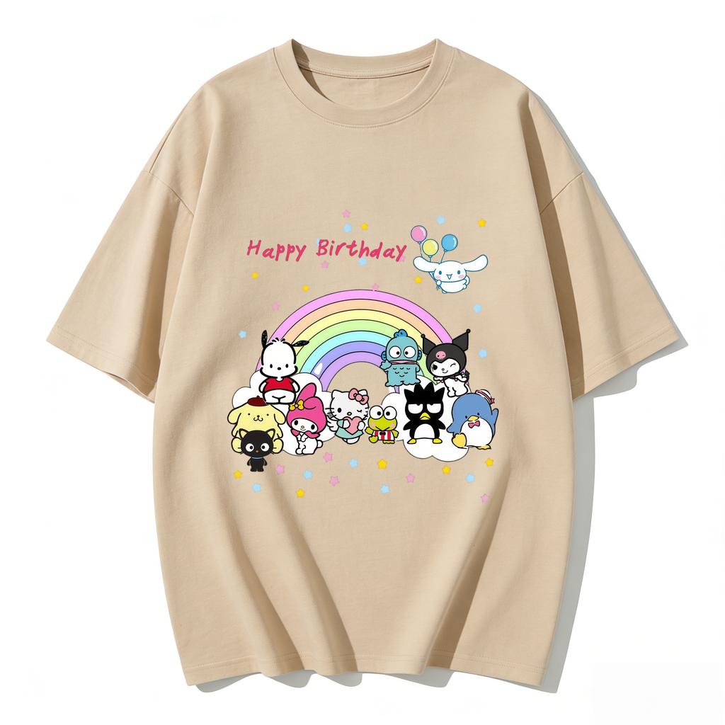 2026 New Sanrio Characters Happy Birthday Cartoon Print Tshirt Family Matching Outfits Casual Short Sleeve Tee Women Unisex Kids