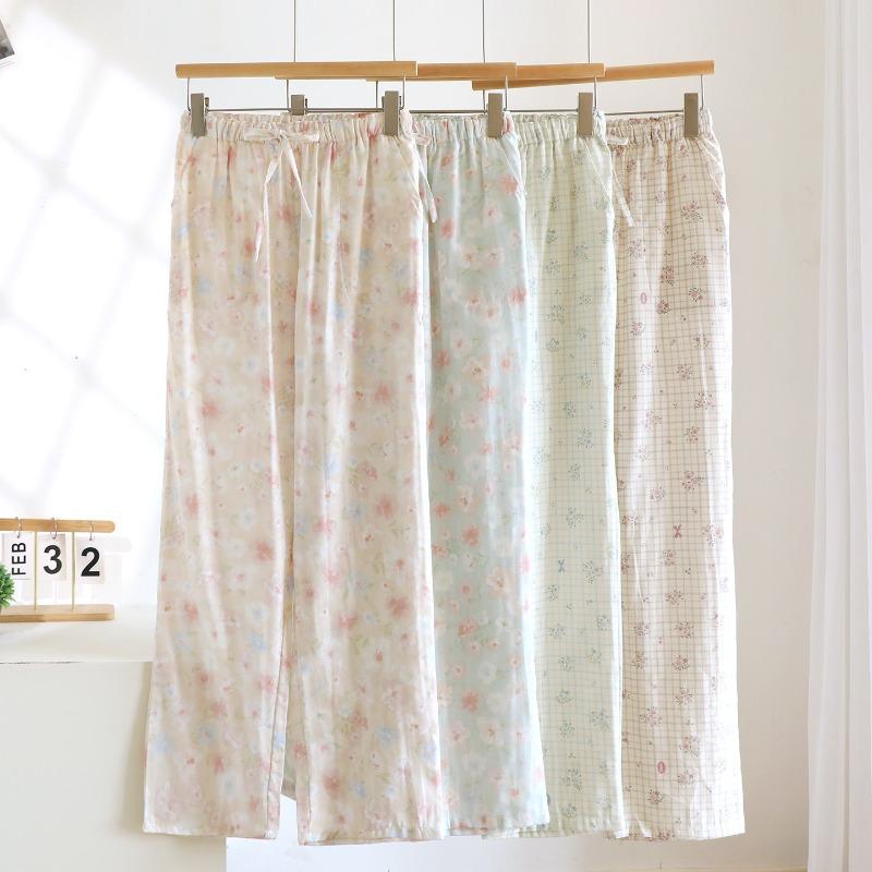 2026 Spring/Summer Women's Sleeper Pants 100% Cotton Gauze with Floral Pattern Grid Gauze Pants Thin Home Pants Bottoms Womens