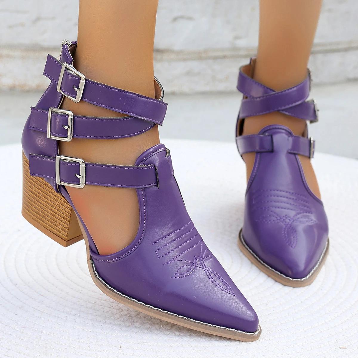 

Женские сандалии 2025 Новая мода Повседневные женские Туфли-лодочки с острым носком Сексуальные из мягкой кожи на высоком каблуке Удобная женская обувь Сандалии на каблуке 42 фиолетовый