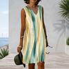 Women Plus Size Sleeveless Notched V Neck Watercolor Striped Casual Tank Dress