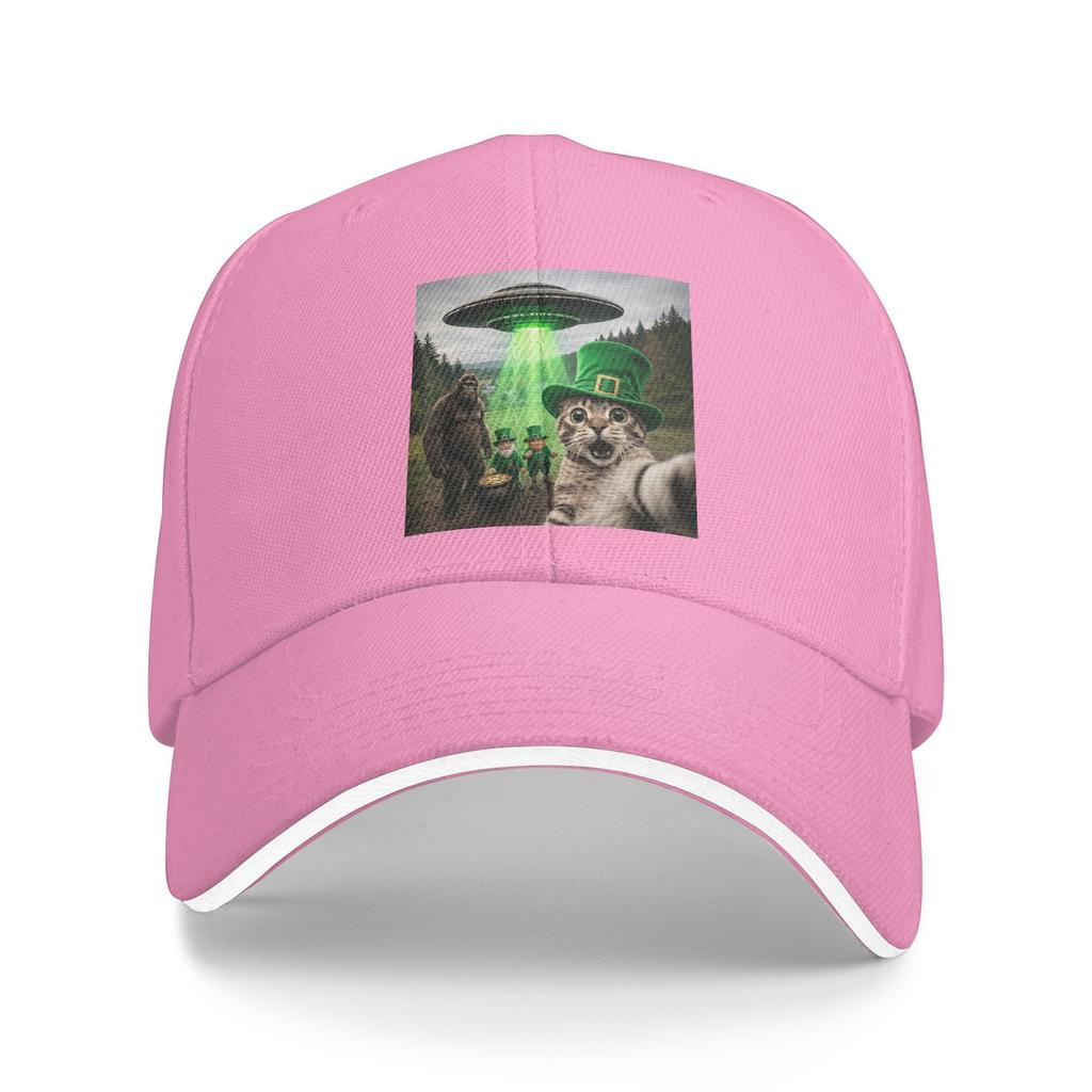 Summer Casual Baseball Cap Funny St Patricks Day Cat Selfie with Leprechaun Bigfoot UFO Unisex Hot Sale  Vintage Baseball Caps