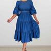 Women Dress Round Neck Puff Sleeve Big Hem Relaxed Fit Single Color Half Sleeve Belted Tight Waist Soft Patchwork Pleated A-line Midi D