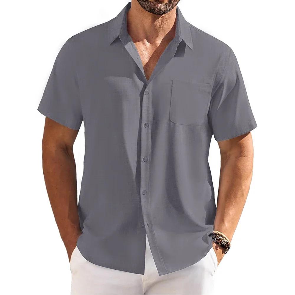 Letní Nová Bavlněná Lněná Košile pro Muže Prodyšná Lehká Límec s Knoflíčky Pánské Stylové Košile s Krátkým Rukávem Módní Oblečení