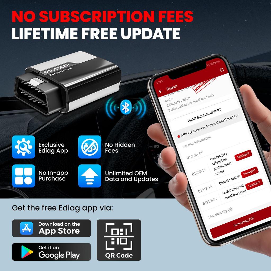 KINGBOLEN Soloscan Herramienta de Diagnóstico OBD2 para Ford/Mazda, Todos los Sistemas para iPhone y Android, 50+ Restablecimientos, Bidireccional, Prueba Activa, Actualización Gratuita de por Vida