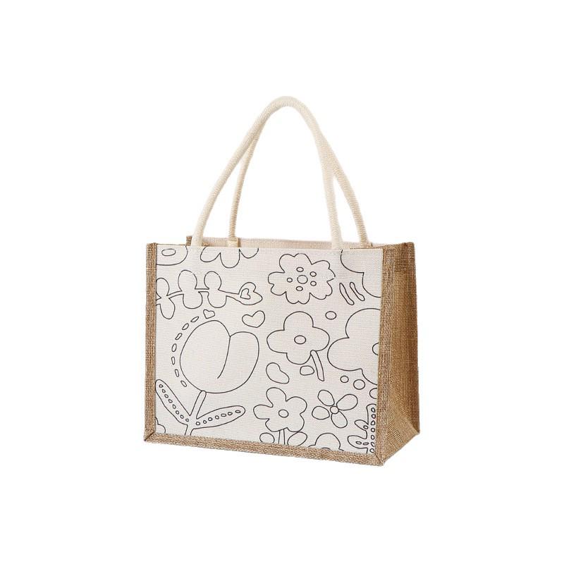 Hand-Painted Graffiti Canvas Tote Bag - Yellow Linen Logo Pattern