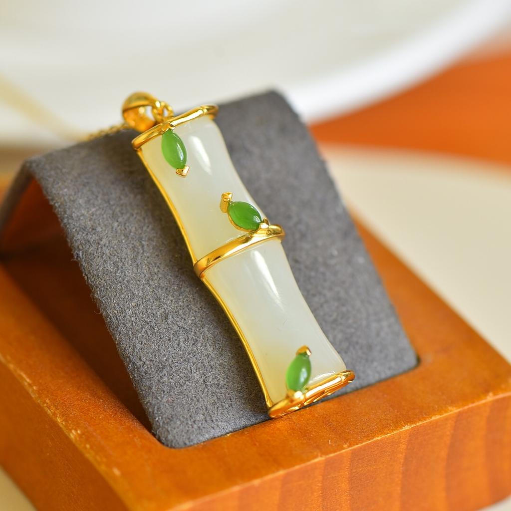 Hotan Jade S925 Silver Inlaid Bamboo Newspaper Peace Pendant for Women