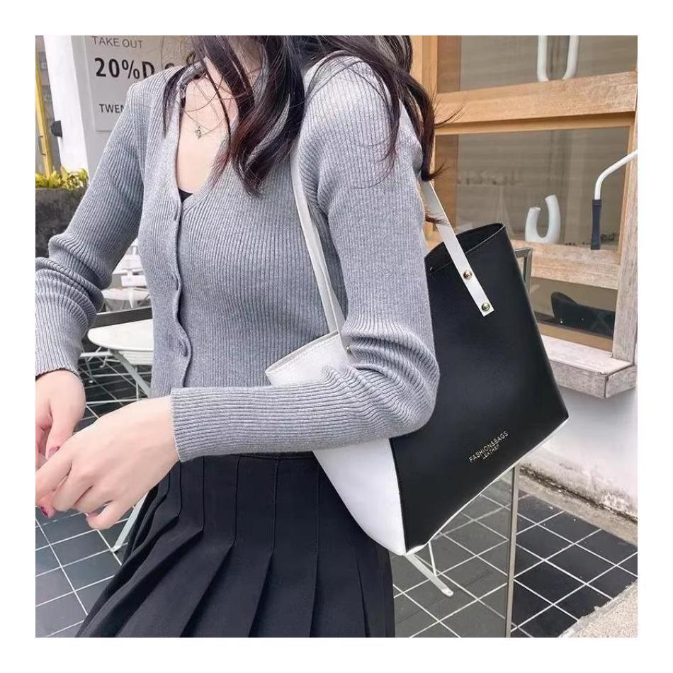1 Pcs Women's Shopping Bags Casual Large Capacity Women's Patchwork Leather Tote Bag Double Tone Color Shoulder Bag Pu Leather
