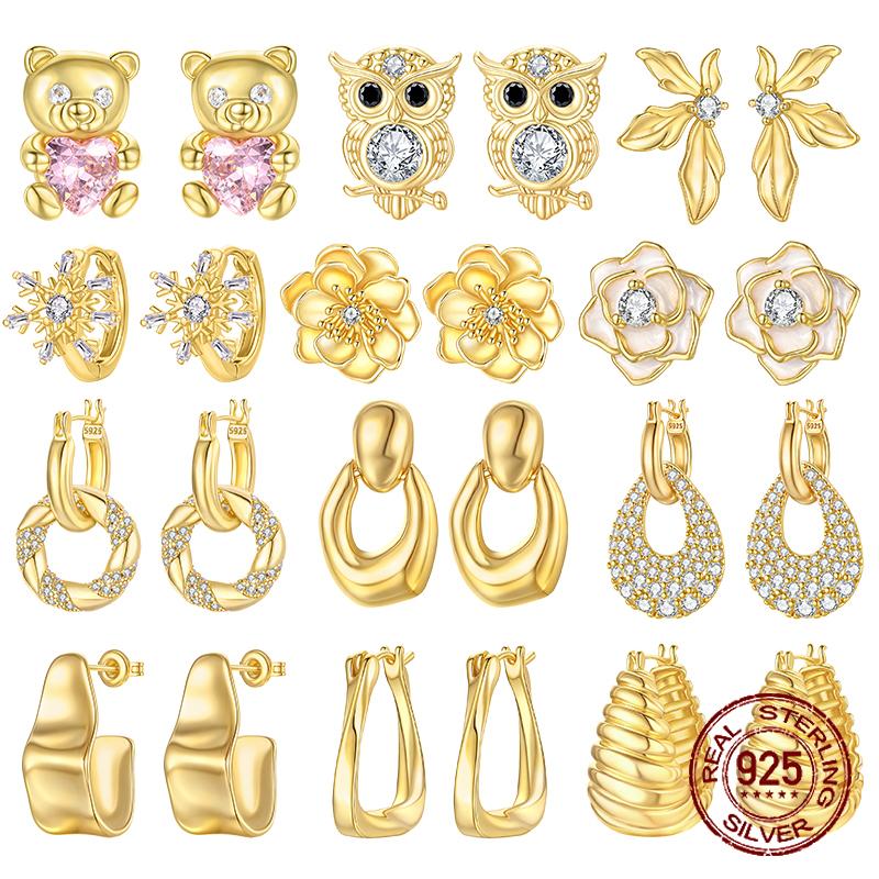 100% Copper Owl Flower Pendant Golden Earrings For Women Sparkling Zircon Luxury Wedding Engagement Jewelry Gift