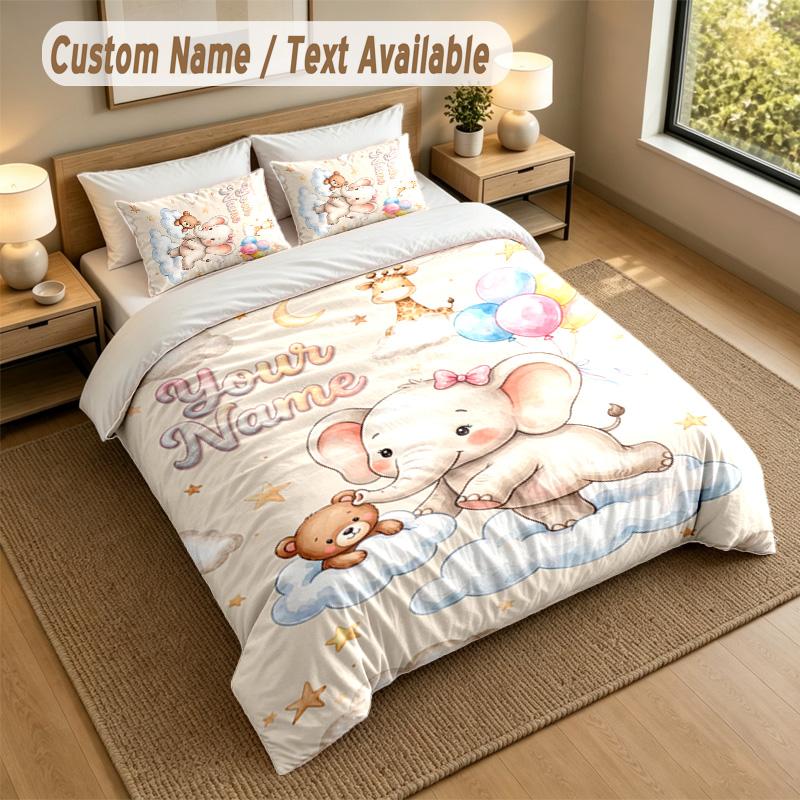 Elephant Theme Personalized 3Pcs Bedding Set Custom Text & Name 1 Sheet 2 Pillowcases Household Bedding 1pc