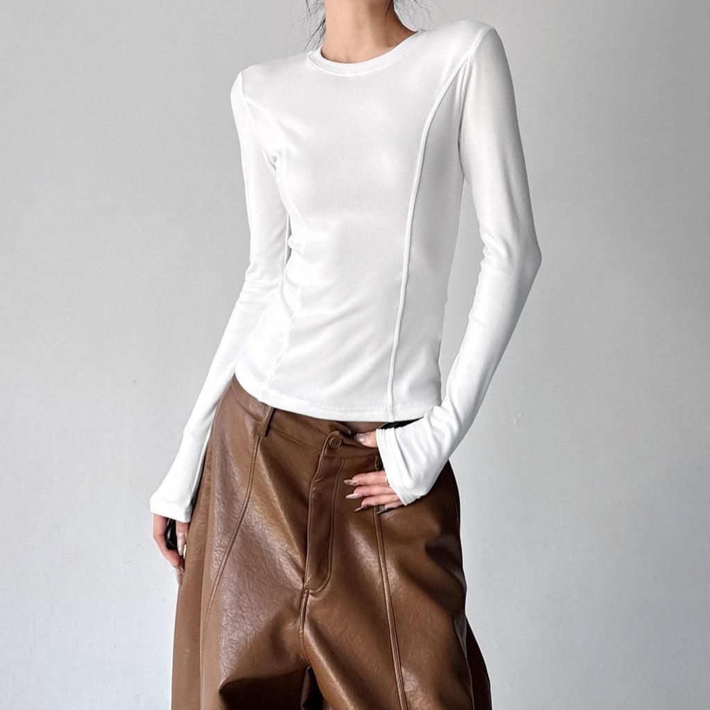 2025 Winter Women's Slim Fit Plus Velvet Long Sleeve Round Neck T-shirt