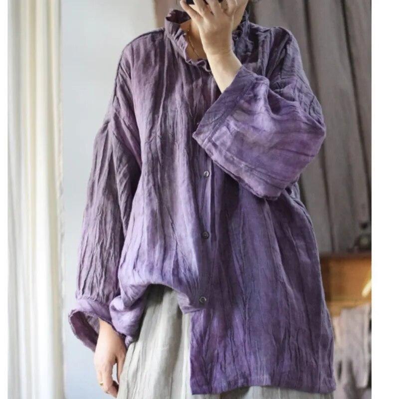 Johnature Linen Retro Irregular Vintage Style Shirt Autumn Woman Long Sleeves Casual Single Breasted Shirt