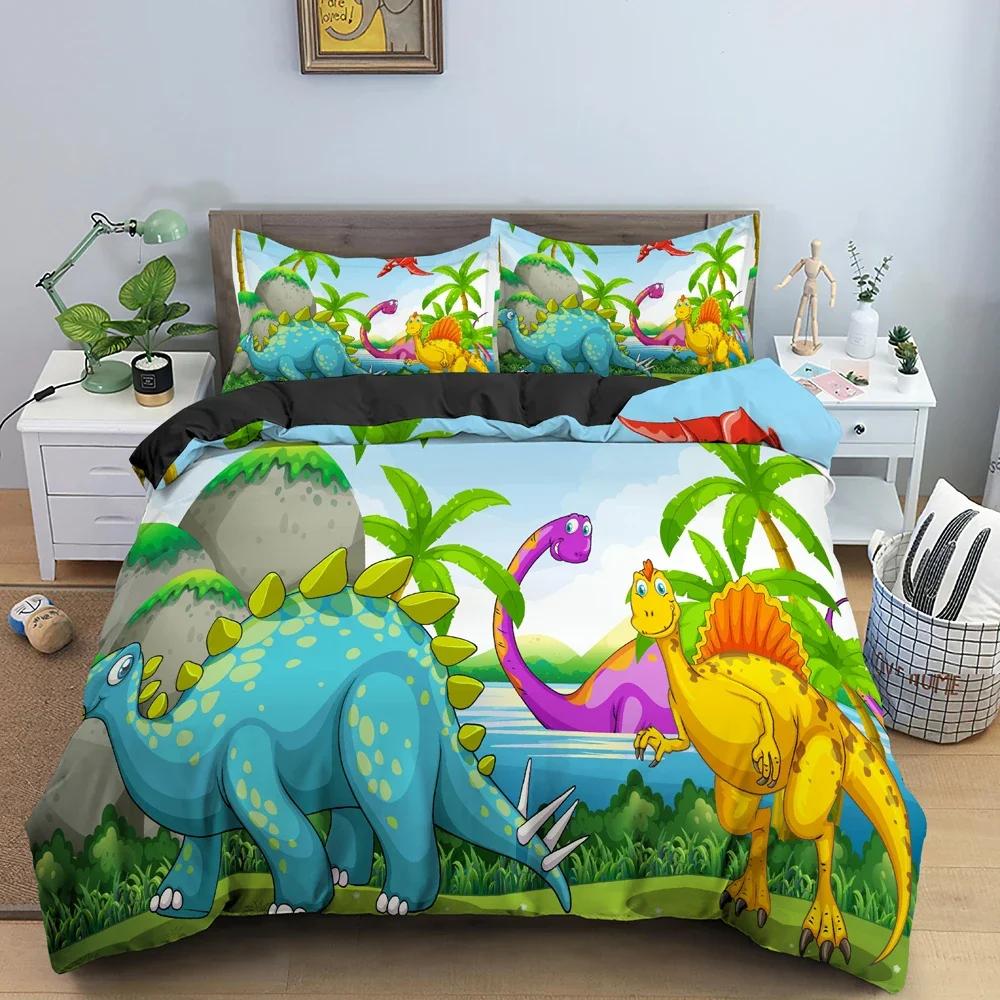 Cartoon Dinosaur Pattern Animal Comfortable Duvet Quilt Cover Pillowcase Bedding Set Children Bedroom Decoration Home Textile