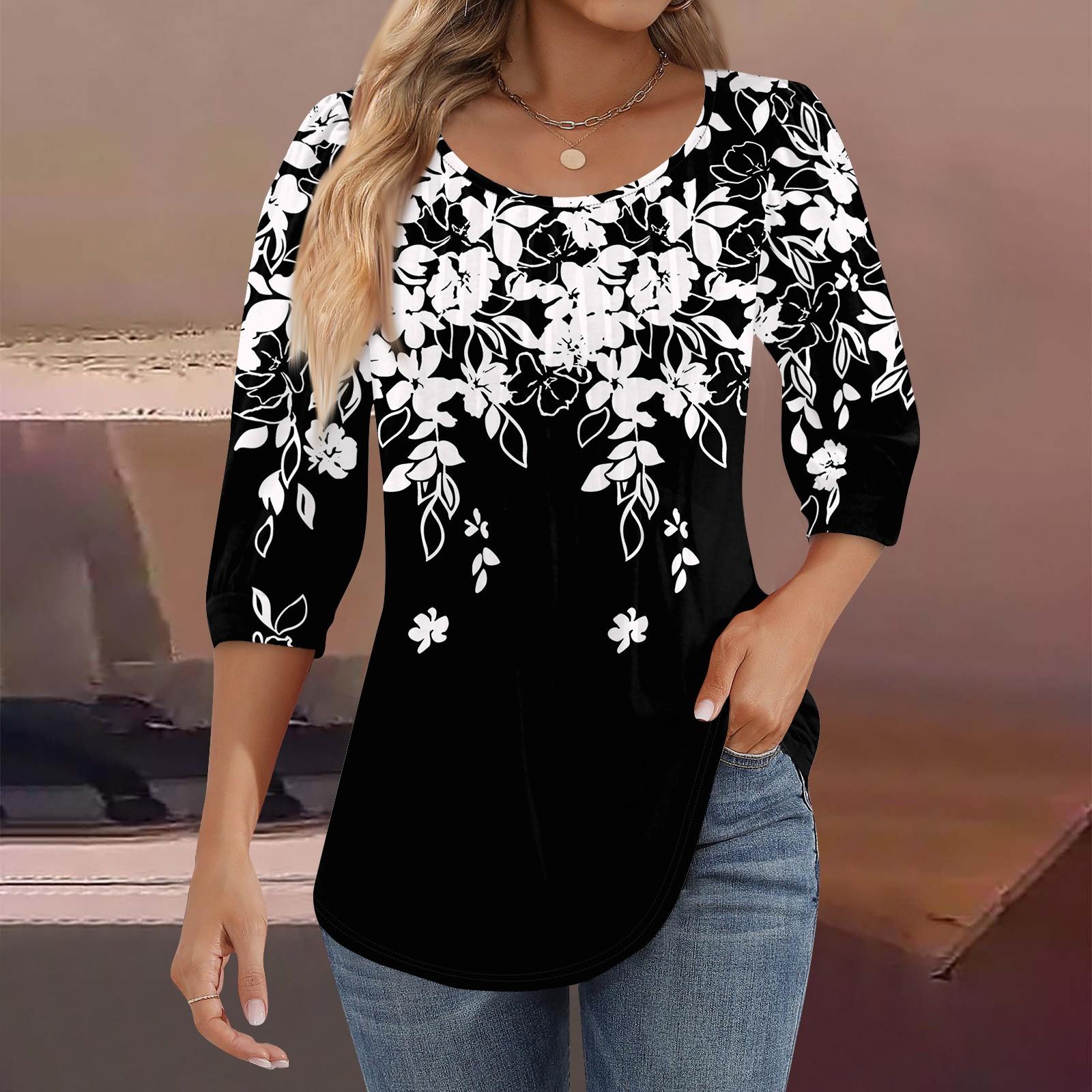 

Жіночі туніки з рукавами 3/4 і плісировані блузки Повсякденні вільні весняно-літні футболки XL білий