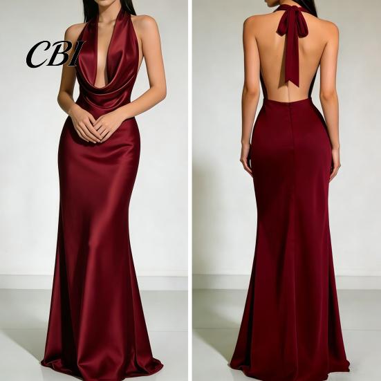 Alltagskleid Damen Sexy Rückenfreies Maxikleid, Tiefes V-Ausschnitt Ärmellos Bequemes Neckholder Satin Lang Formelles Abendparty Meerjungfrauen-Kleid Einfarbig