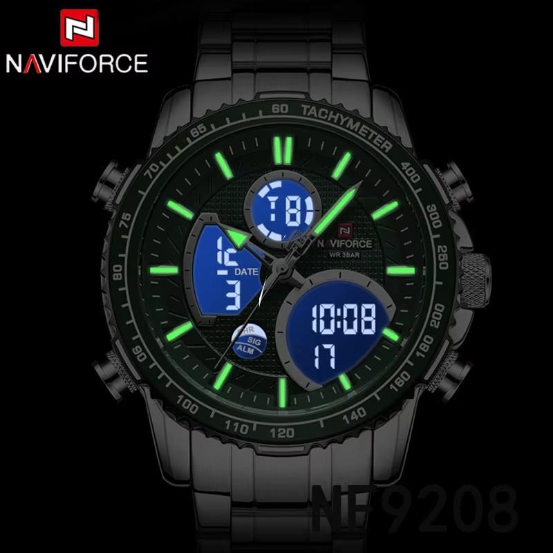 NAVIFORCE 9182 Montre à Quartz pour Homme d'Affaires Montre Numérique LED Lumineuse Montre de Luxe à Double Affichage pour Homme Acier Inoxydable Reloj