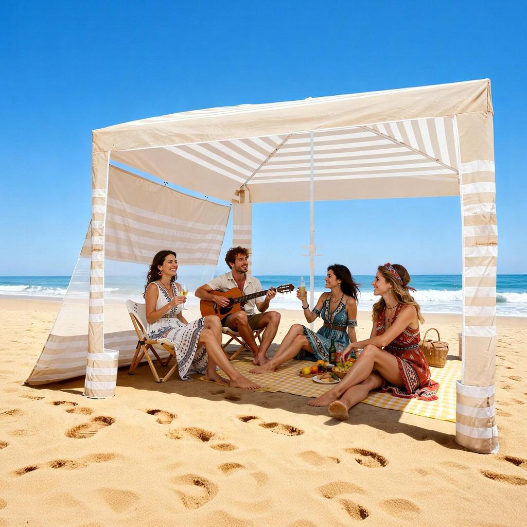 Tenda de Praia, Toldo de Praia 2,4 x 2,4 m com Parede Lateral, Proteção UPF 50+, Tenda Cabana de Montagem Fácil com Bolsos para Areia, Altura Ajustável, Sombra Portátil