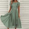 Mint Green Floral Embroidered Short Sleeve Chiffon Dress with Round Neck