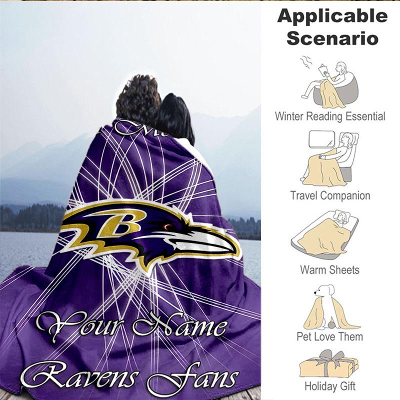 1PC Custom Name Blanket Ravens Team Spirit Flannel Blankets Patterns Throw Blanket All-Season Soft Gift for Couch, Bed, Camping, Birthday Gifts
