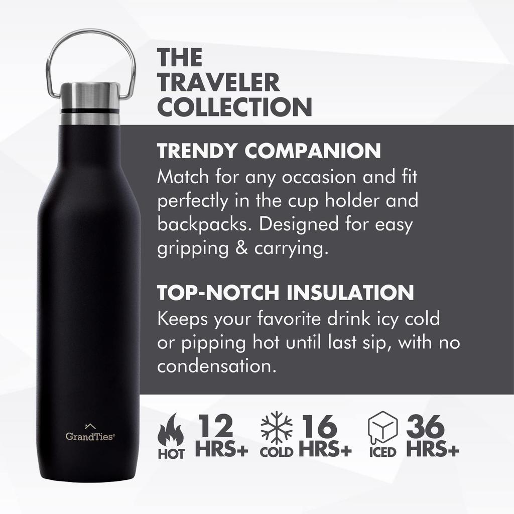 GRANDTIES Traveler Bottle, 620ml, Available in 6 Colors (Midnight Black), with Two Lids, Double-Layer Vacuum Insulated Stainless Steel Bottle, Keeps