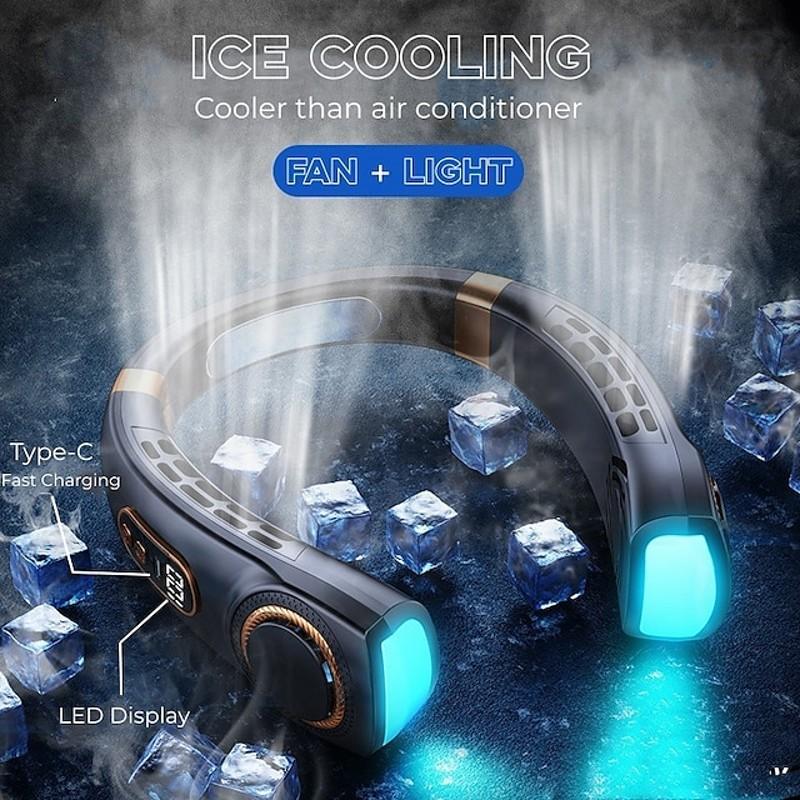 Digital Display Screen, Portable Neck Hanging Fan, With Colorful Atmosphere Light,5-speed Adjustable, Silent, Fast Cooling