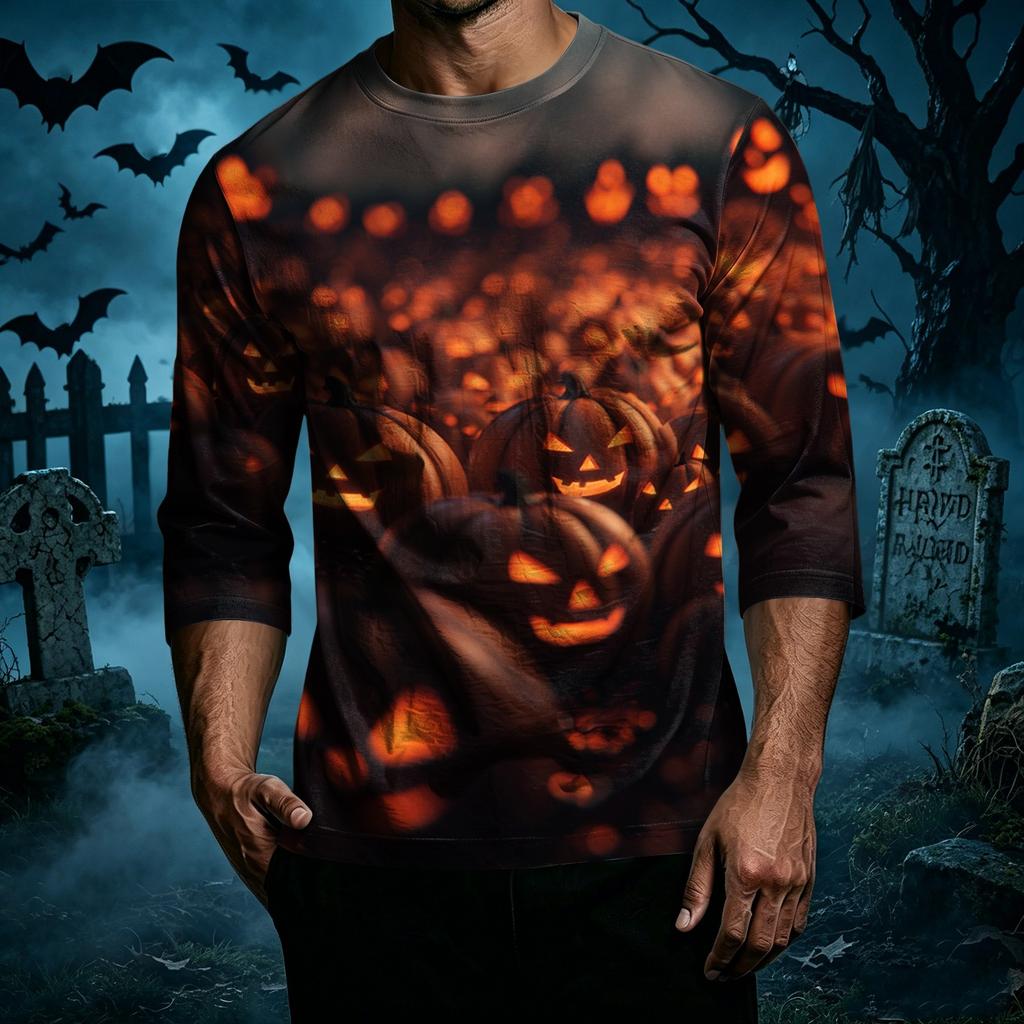 Men's Casual Halloween Print Raglan Sleeve T-Shirt Crew Neck Three Quarter Sleeve Top for Everyday Wear Comfortable Fit