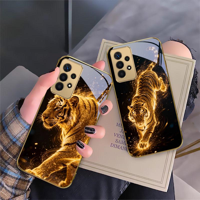 The Tiger of Strength For Samsung A 01 52S A04 A05S A10 A12 A13 22 23 24 36 42 M02 Note 10 20Ultra 8 9 Golden Glass Phone Case