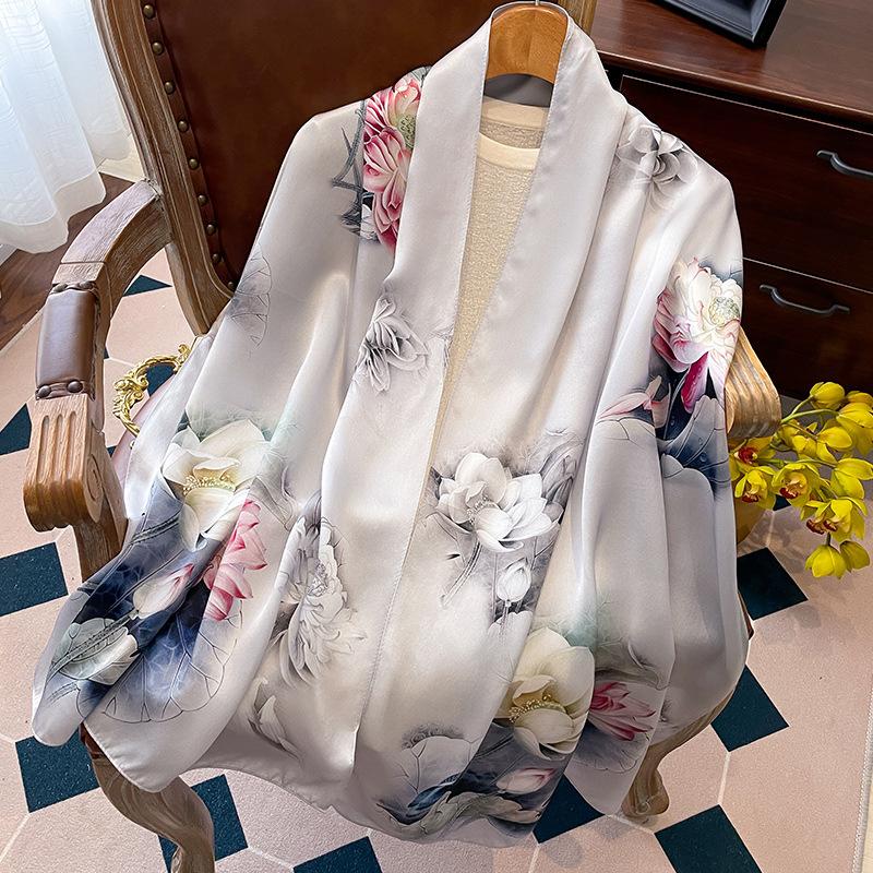 Luxury Brand 100% Real Silk Scarf Women Designer Shawls and Wraps Elegant Floral Print Pashmina Soft Long Scarves Femme Hijab