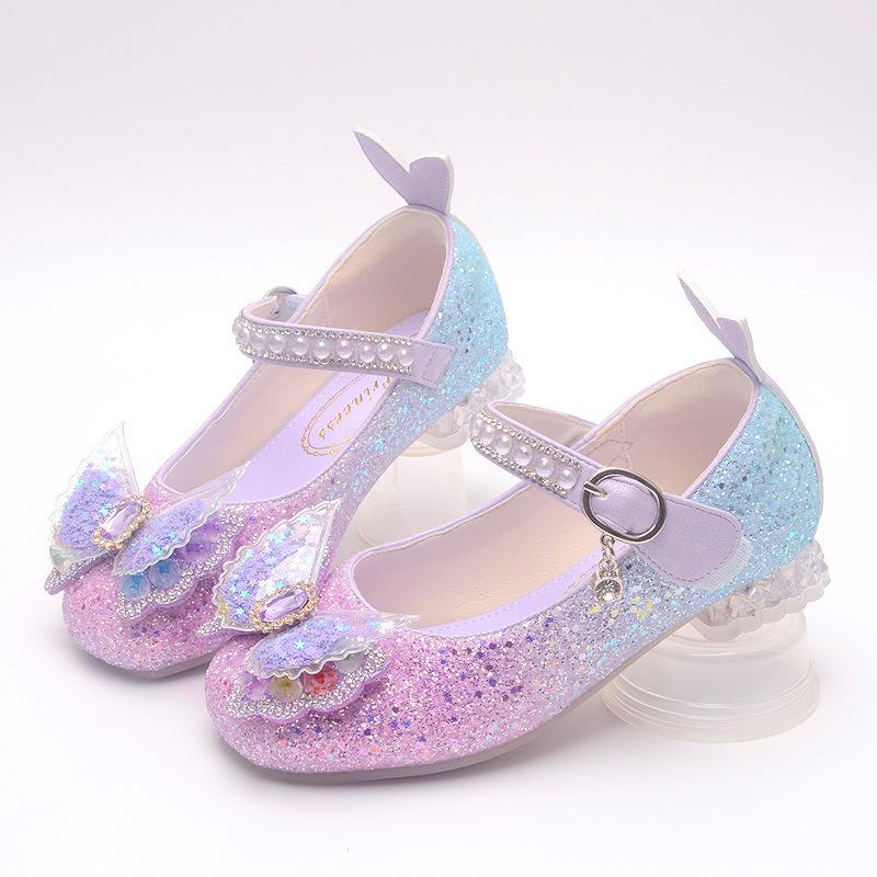 Nuove scarpe da principessa per bambine per la primavera e l'autunno, scarpe con cristalli per bambine, scarpe con tacco alto di Elsa di Frozen con sfumatura blu per bambini