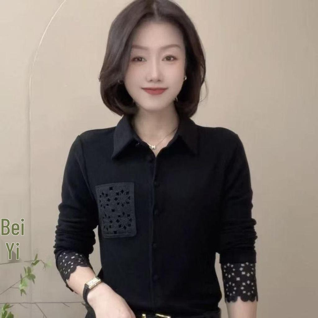 2025 Autumn/Winter Women's Double-Sided Velvet Shirt: Stylish, Solid Color, Long Sleeve, Slimming Fit, Collar Detail.