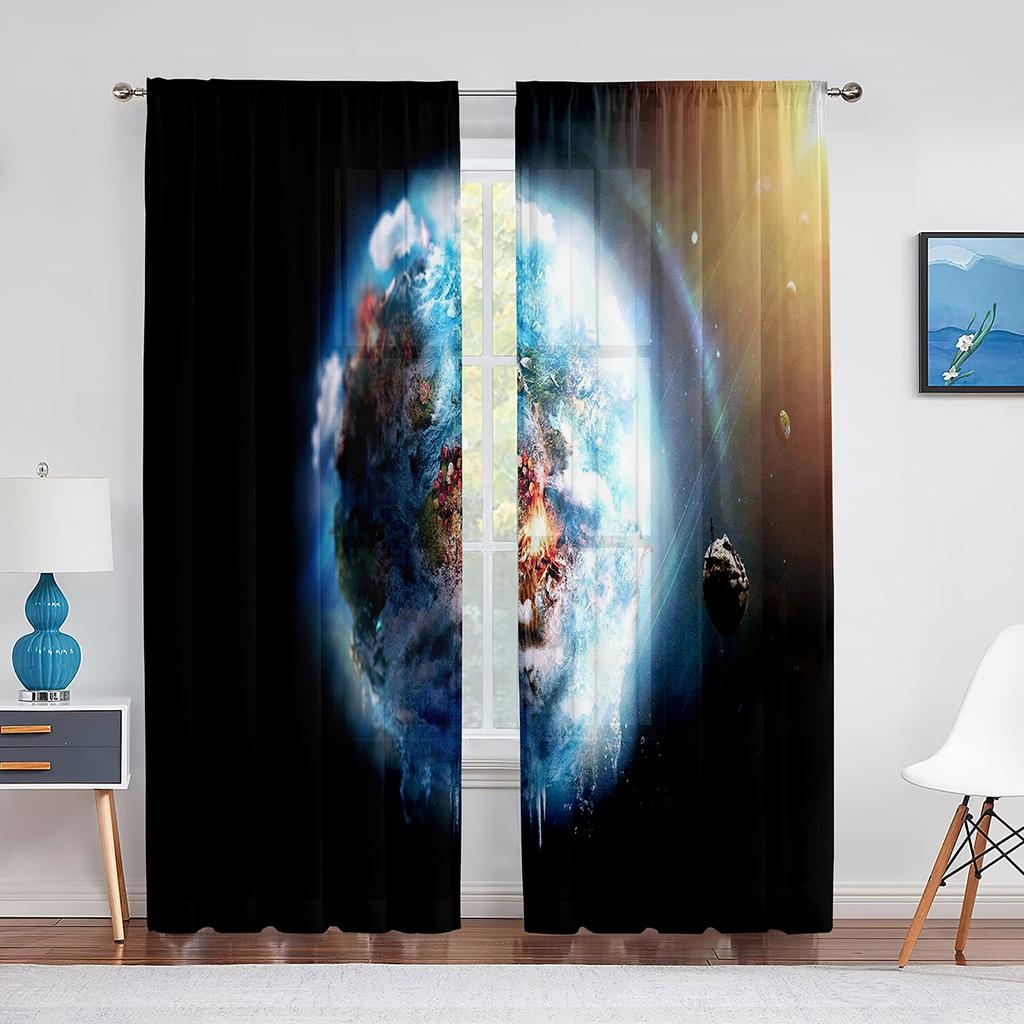 Space Planet Earth Mars Mercury Galaxy Tulle Curtains for Home Office Window Bedroom Kitchen Modern Chiffon Sheer Voile Curtain